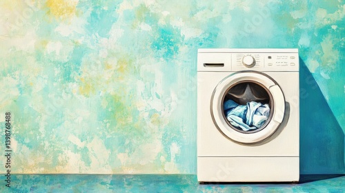 Modern washing machine with clean clothes against a vibrant, artistic wall background