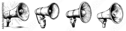 Different styles of megaphones displayed in a row showcasing various designs and features throughout the years