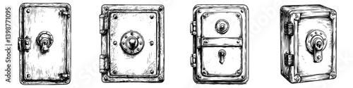 Collection of vintage safes showcasing intricate designs and locking mechanisms from different eras and styles