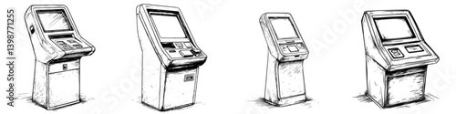 Illustration of four bank ATM machines in various designs and styles at a financial institution