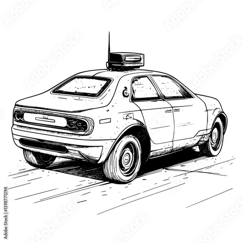 Retro sedan parked in a city street showcasing a unique mounted device during early evening hours