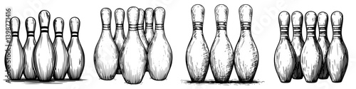 Vintage bowling pins arranged in three groups showcasing different styles in a nostalgic setting