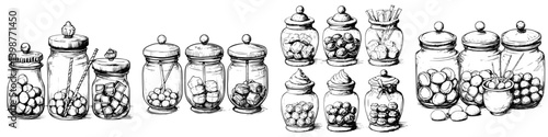 Collection of jars filled with various candies and sweets displayed on a table during a festive event