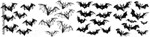 Bats flying in a dark night sky creating an eerie atmosphere over a secluded forest landscape