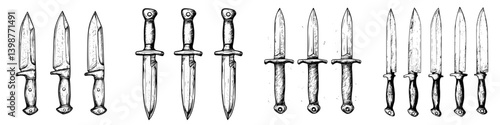 Detailed illustrations of various knife designs displayed in pairs on a plain background