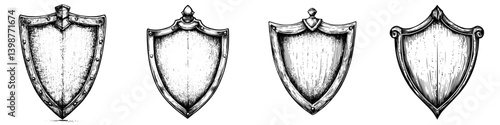 Variety of four decorative shields showcasing unique designs for artistic or historical themes