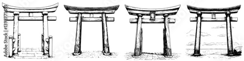 Traditional Japanese Torii Gates in Various Styles and Settings Depict Cultural Symbolism and Architectural Beauty