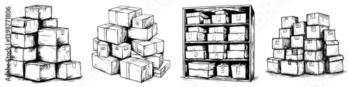 Stacks of cardboard boxes in various arrangements in a storage space during daylight hours