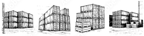 Sketch of shipping containers arranged in a storage yard during the daytime in an industrial setting