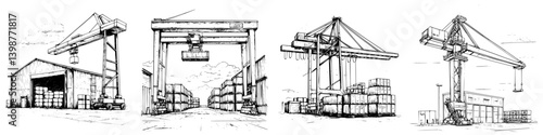 Industrial cranes and storage containers in a busy port area during daytime operations