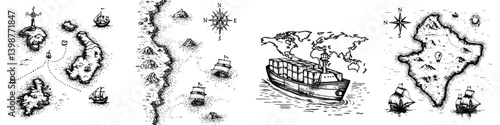 Detailed nautical maps depicting islands, ships, and trade routes in a historical maritime setting