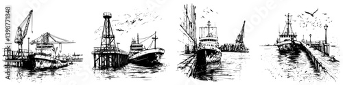 Detailed illustration of industrial harbor activity showing cranes, boats, and docks during a clear day