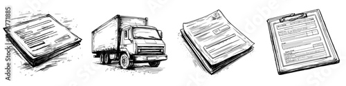Moving truck and paperwork illustrate logistics process from packing to delivery efficiently on a sunny day