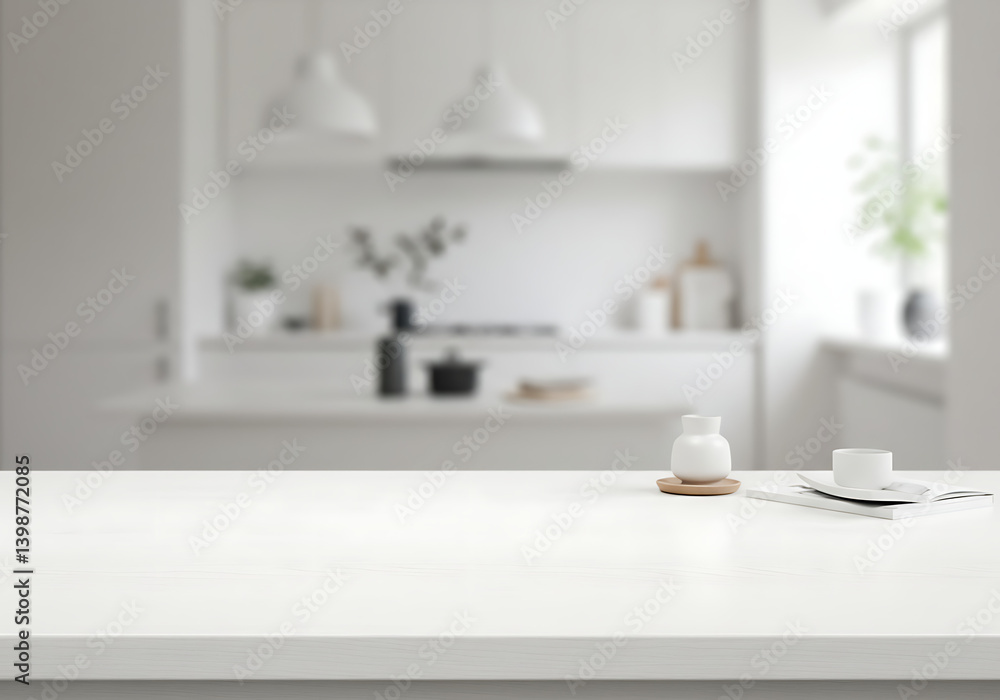 White kitchen countertop mockup for product placement and advertising White kitchen countertop mockup for product placement and advertising