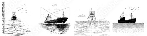 Illustrations of various ships navigating through water with birds in the sky and waves indicating movement