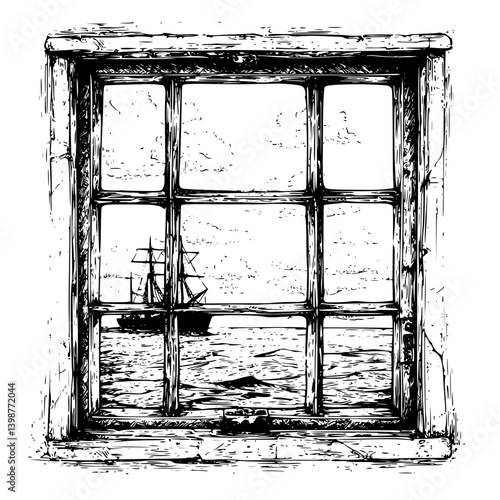 Sailing ship viewed through a rustic wooden window, capturing a serene coastal landscape in black and white