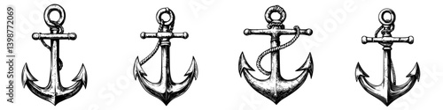 Different designs of anchors featuring traditional nautical elements and various rope styles for maritime use