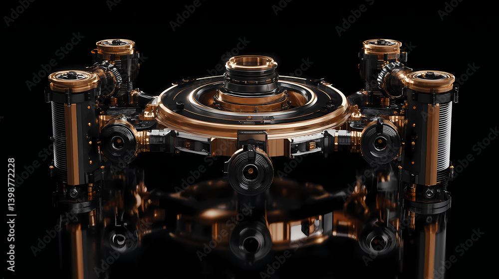 Fototapeta premium 3d rendering mechanical parts in shape of symbol of jupiter symbol isolated on black background with floor reflection. Lunar Forge. Illustration
