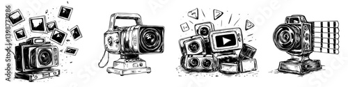 Creative illustrations of different types of cameras showcasing various photography styles and practices
