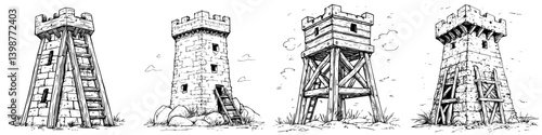 Historical watchtowers illustrate medieval architecture and design from various perspectives