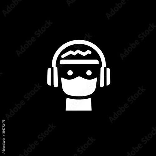 Creative minimal logo showcasing a masked character with headphones on a black background