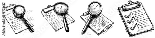 Checklist process in progress with magnifying glass and clipboard for task management and quality assurance