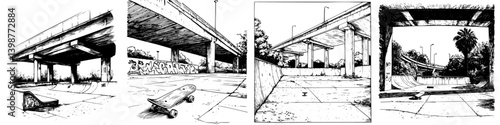 Urban skatepark under highway with various ramps and graffiti details featuring skateboards and greenery