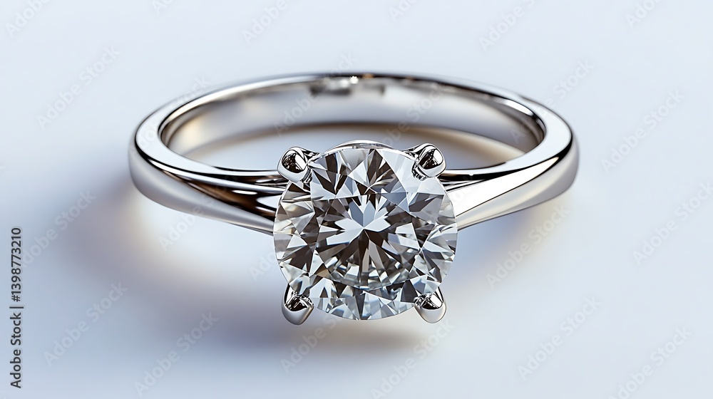 A luxurious silver ring with a flawless round-cut gemstone, highly polished band, and intricate prong setting, displayed elegantly on a pure white background. A luxurious silver ring with a flawless round-cut gemstone, highly polished band, and intricate prong setting, displayed elegantly on a pure white background.
