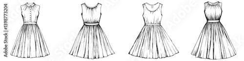 Fashion design sketches of classic dresses showcasing a variety of styles and shapes for women&#39;s apparel