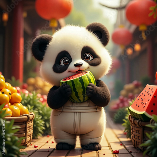 Animate panda eating Watermelon in the Fruit Market