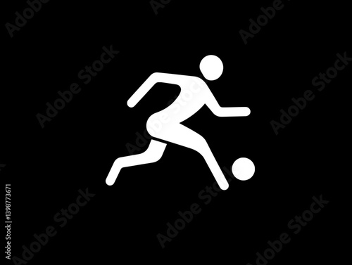 Dynamic running figure icon representing soccer activity in a minimalist design using black and white color scheme