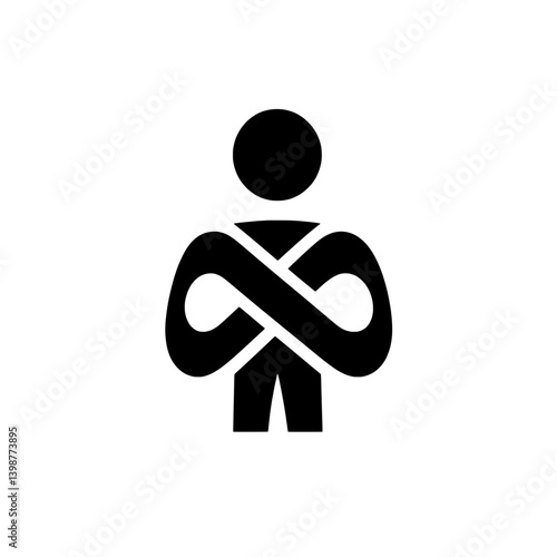 Stylized minimalistic logo of a human figure with arms crossed, designed in a vector format featuring black and white colors
