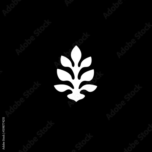 Modern minimalistic logo design featuring a symmetrical leaf motif in black and white color scheme for a sophisticated brand identity