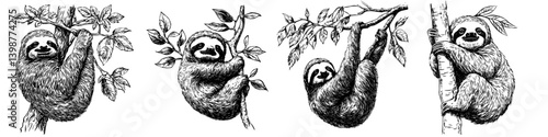 Sloths relaxing on tree branches in a lush tropical rainforest environment during the daytime