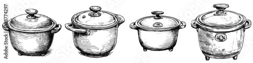 Different types of cooking pots displayed in a row showcasing various designs and sizes for culinary use