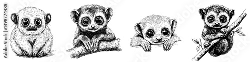 Cute illustrated baby primates sitting on branches in various poses showcasing their playful nature in black and white