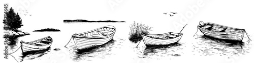 Wooden boats moored at calm waters with distant islands and birds during serene daylight hours