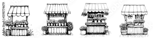 Charming flower stalls with vibrant blooms in a bustling marketplace setting