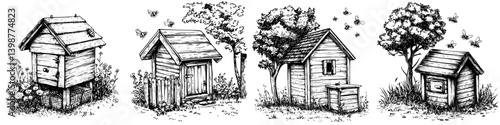 Charming wooden bee houses in a garden setting with lush greenery and buzzing bees during a sunny afternoon