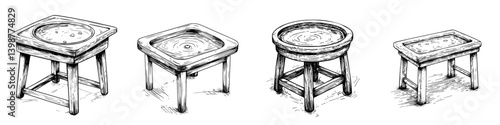 Unique collection of wooden stools with diverse shapes and designs displayed against a plain background for artistic inspiration
