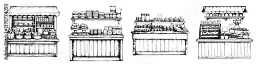 Bakery stalls showcasing fresh bread, pastries, and jars of jam in a bustling market setting during the morning hours