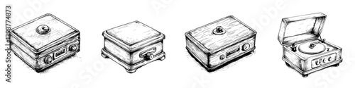 Vintage record players and wooden music boxes displayed in a creative art style on a plain background