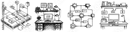 Technical illustrations of computer network setups and office desk environments for educational purposes