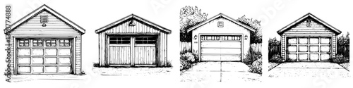 Four distinct garage styles showcasing unique door designs and architectural features in an illustrated format