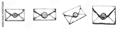 Collection of four illustrated envelopes with wax seals depicted in a simple, artistic style suitable for various design projects