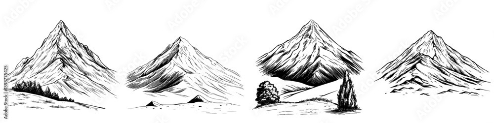 Mountain landscape illustrations showcasing different peak styles and surrounding flora in a serene nature setting Mountain landscape illustrations showcasing different peak styles and surrounding flora in a serene nature setting