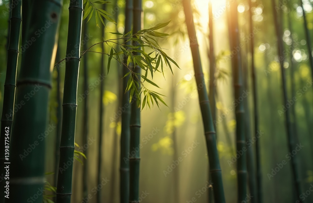 Fototapeta premium Bamboo forest bathed sunlight. Trees, leaves, branches against sun rays. Green asian nature landscape. Calm, zen, meditation mood. Wellness, eco, sustainable lifestyle.