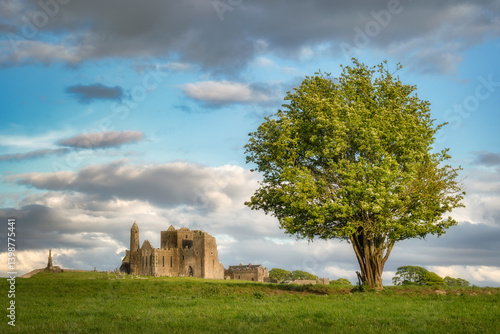 Obraz na płótnie Ancient ruins of Hore Abbey sit beside a lush tree under a serene sky, offering a perfect exploration backdrop in nature and inviting adventures in a tranquil setting, Tipperary, Ireland w salonie