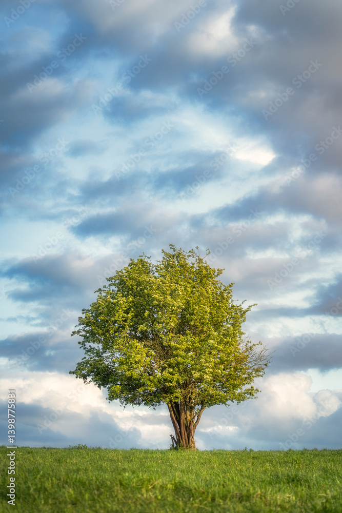 A solitary tree stands on a lush green hill against a backdrop of dynamic clouds, capturing the essence of natures beauty, Tipperary, Ireland