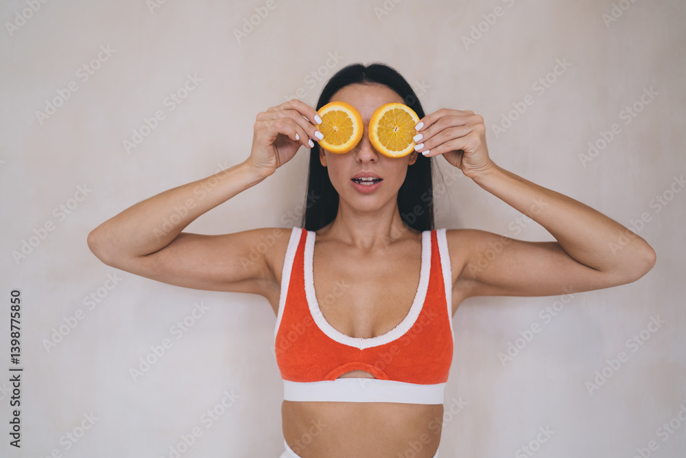 Young woman in sportswear playing with fruit making orange eyes during free time, Creative healthy lifestyle portrait of Caucasian female with citrus slices posing - Fitness and nutrition concept Young woman in sportswear playing with fruit making orange eyes during free time, Creative healthy lifestyle portrait of Caucasian female with citrus slices posing - Fitness and nutrition concept